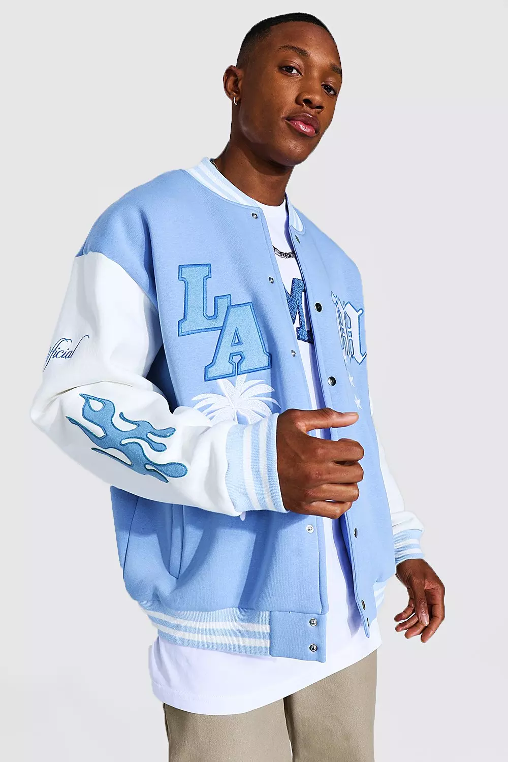 La Badge Jersey Varsity Bomber Jacket boohooMAN